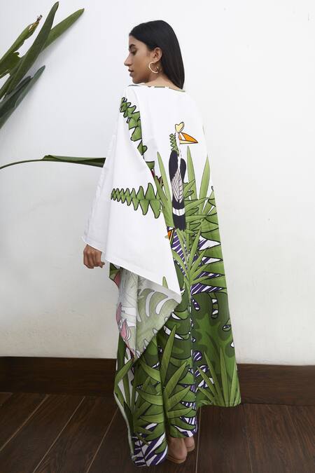 Studio Moda India_White Cotton Leaf , Bird Asymmetric Off Shoulder Kaftan Dress_Online_at_Aza_Fashions