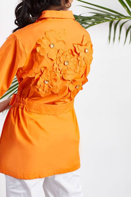 Shop Studio Moda India Orange Cotton 3d Applique Collared Neck Front Tie Up Shirt at Aza Fashions Shop_Studio Moda India_Orange Cotton 3d Applique Collared Neck Front Tie Up Shirt _at_Aza_Fashions