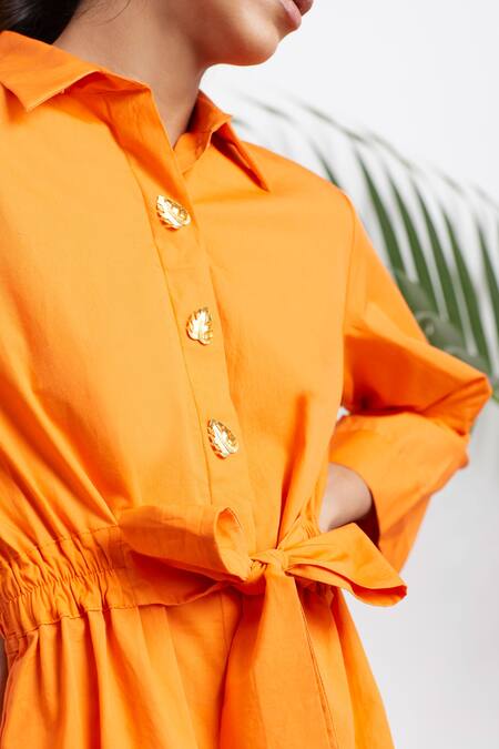 Studio Moda India Orange Cotton 3d Applique Collared Neck Front Tie Up Shirt Online at Aza Fashions Studio Moda India_Orange Cotton 3d Applique Collared Neck Front Tie Up Shirt _Online_at_Aza_Fashions