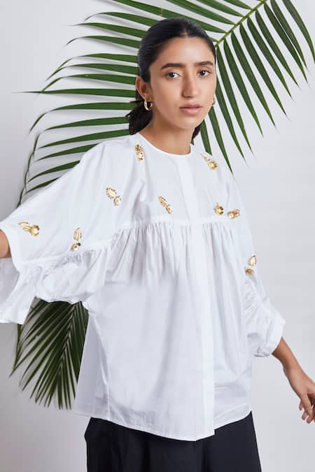 Buy_Studio Moda India_White Cotton Embroidered 3d Applique High Neck Tent Top _Online_at_Aza_Fashions
