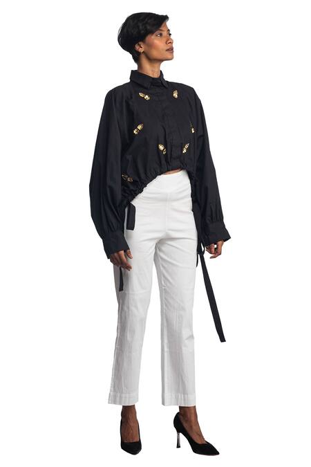 Studio Moda India_Black Cotton 3d Applique Collared Neck Bat Sleeve Floral Shirt_Online_at_Aza_Fashions