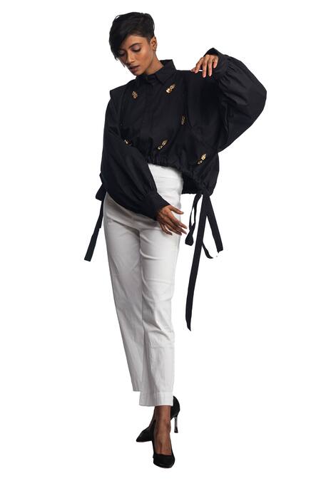 Buy_Studio Moda India_Black Cotton 3d Applique Collared Neck Bat Sleeve Floral Shirt_Online_at_Aza_Fashions