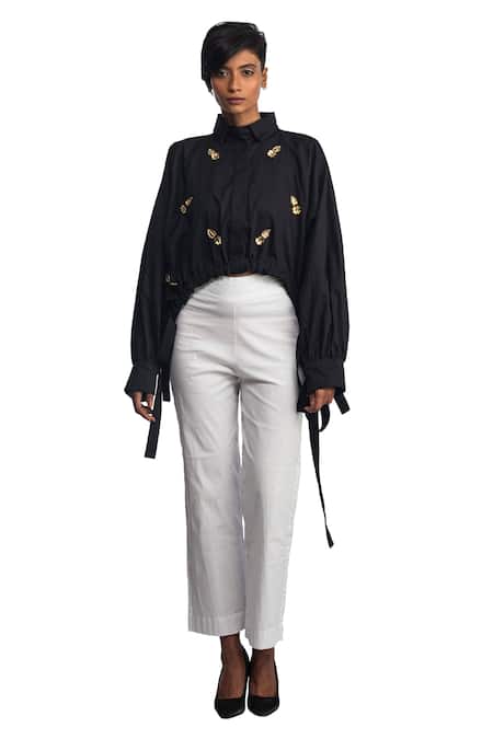 Shop_Studio Moda India_Black Cotton 3d Applique Collared Neck Bat Sleeve Floral Shirt_Online_at_Aza_Fashions