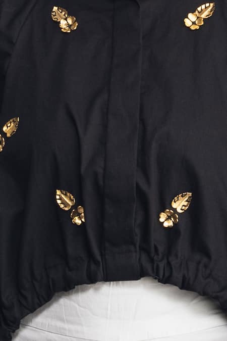 Studio Moda India_Black Cotton 3d Applique Collared Neck Bat Sleeve Floral Shirt_at_Aza_Fashions
