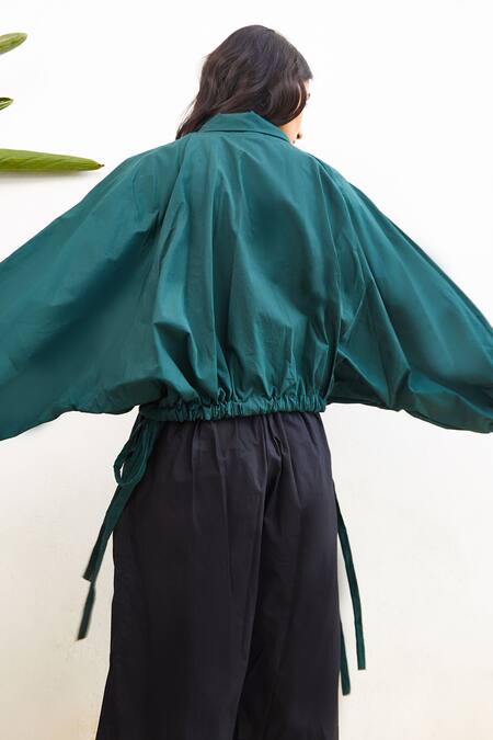 Shop_Studio Moda India_Green Cotton 3d Applique Collared Neck Bat Sleeve Floral Shirt _at_Aza_Fashions