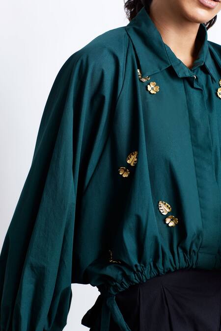 Buy_Studio Moda India_Green Cotton 3d Applique Collared Neck Bat Sleeve Floral Shirt _Online_at_Aza_Fashions
