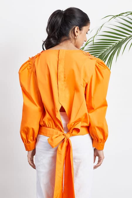 Shop Studio Moda India Orange Cotton 3d Applique Round Puff Sleeve Top at Aza Fashions Shop_Studio Moda India_Orange Cotton 3d Applique Round Puff Sleeve Top _at_Aza_Fashions
