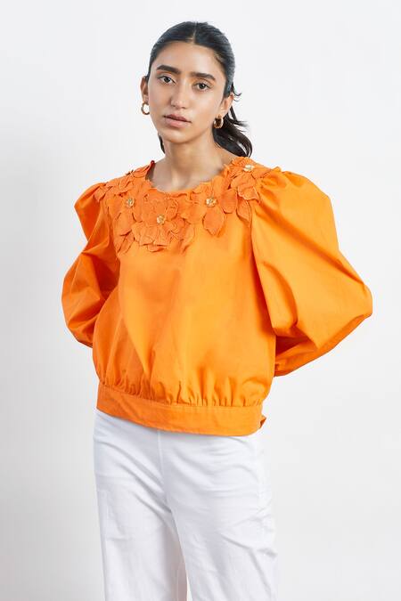 Studio Moda India Orange Cotton 3d Applique Round Puff Sleeve Top Online at Aza Fashions Studio Moda India_Orange Cotton 3d Applique Round Puff Sleeve Top _Online_at_Aza_Fashions