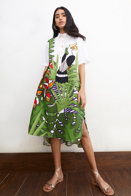 Studio Moda India White Cotton Printed Bird Collared Neck Hornbill Midi Dress 