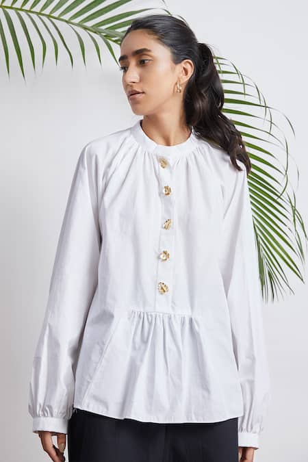 Shop Studio Moda India White Cotton 3d Applique Band Collar Puff Sleeve Shirt at Aza Fashions Shop_Studio Moda India_White Cotton 3d Applique Band Collar Puff Sleeve Shirt _at_Aza_Fashions