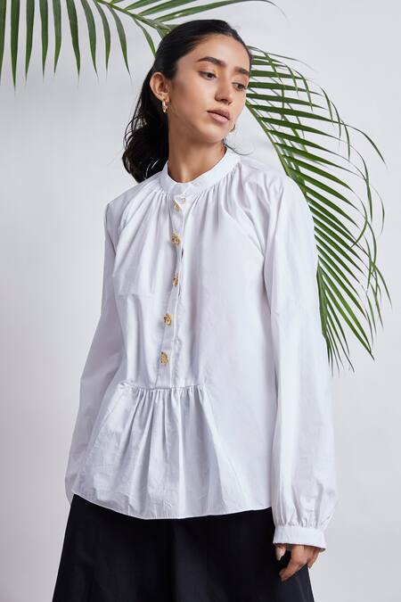 Studio Moda India White Cotton 3d Applique Band Collar Puff Sleeve Shirt Online at Aza Fashions Studio Moda India_White Cotton 3d Applique Band Collar Puff Sleeve Shirt _Online_at_Aza_Fashions