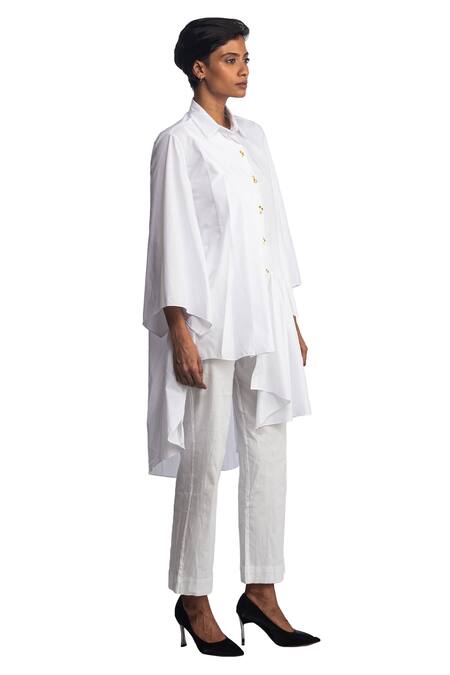 Studio Moda India_White Cotton 3d Applique Collared Neck Asymmetric Shirt_Online_at_Aza_Fashions