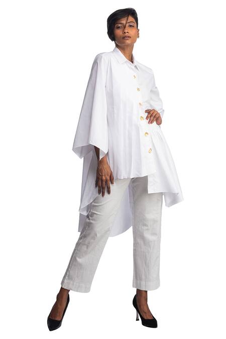 Buy_Studio Moda India_White Cotton 3d Applique Collared Neck Asymmetric Shirt_Online_at_Aza_Fashions