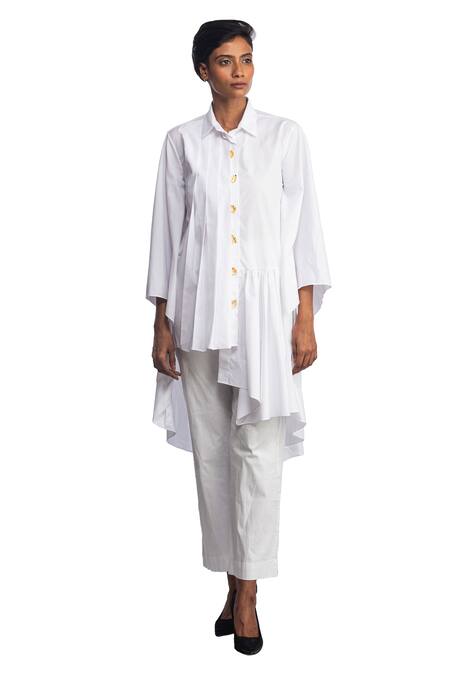 Shop_Studio Moda India_White Cotton 3d Applique Collared Neck Asymmetric Shirt_Online_at_Aza_Fashions