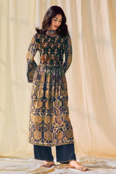 Shop_Saundh_Blue Pashmina Printed Kurta And Pant Set_at_Aza_Fashions