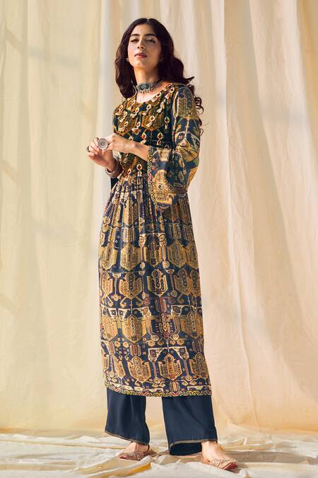 Saundh_Blue Pashmina Printed Kurta And Pant Set_Online_at_Aza_Fashions