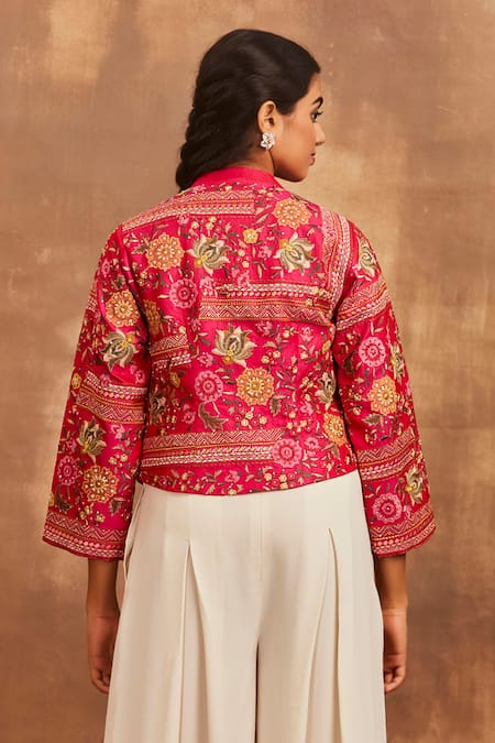 Shop Sue Mue Pink Raw Silk Open Embroidered Jacket at Aza Fashions Shop_Sue Mue_Pink Raw Silk Open Embroidered Jacket _at_Aza_Fashions