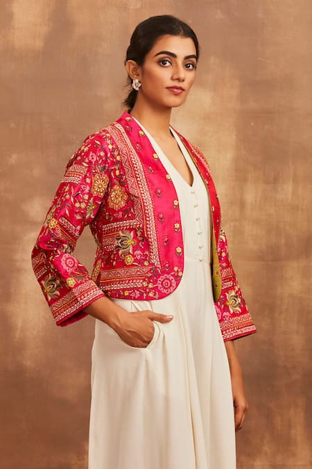 Buy Pink Raw Silk Open Embroidered Jacket For Women by Sue Mue