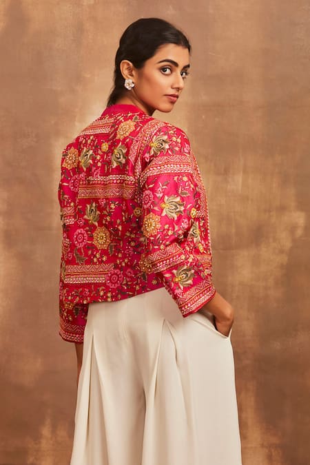 Shop Sue Mue Pink Raw Silk Open Embroidered Jacket Online at Aza Fashions Shop_Sue Mue_Pink Raw Silk Open Embroidered Jacket _Online_at_Aza_Fashions