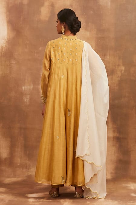 Shop Sue Mue Yellow Mul Mandarin Collar Embroidered Anarkali Set at Aza Fashions Shop_Sue Mue_Yellow Mul Mandarin Collar Embroidered Anarkali Set _at_Aza_Fashions