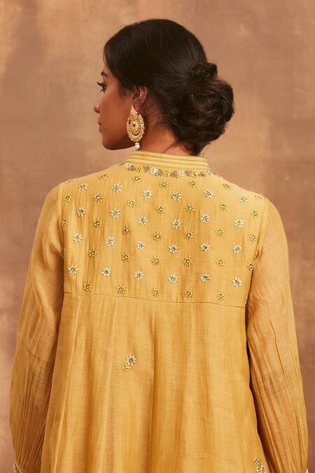 Shop Sue Mue Yellow Mul Mandarin Collar Embroidered Anarkali Set Online at Aza Fashions Shop_Sue Mue_Yellow Mul Mandarin Collar Embroidered Anarkali Set _Online_at_Aza_Fashions