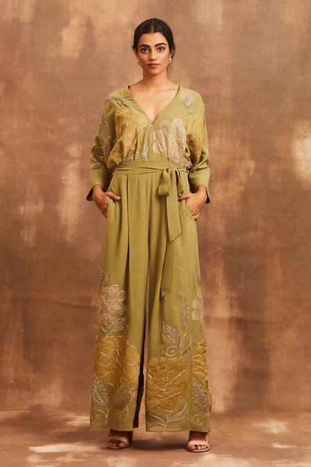 Sue Mue Green Georgette V Neck Embroidered Jumpsuit Online at Aza Fashions Sue Mue_Green Georgette V Neck Embroidered Jumpsuit _Online_at_Aza_Fashions