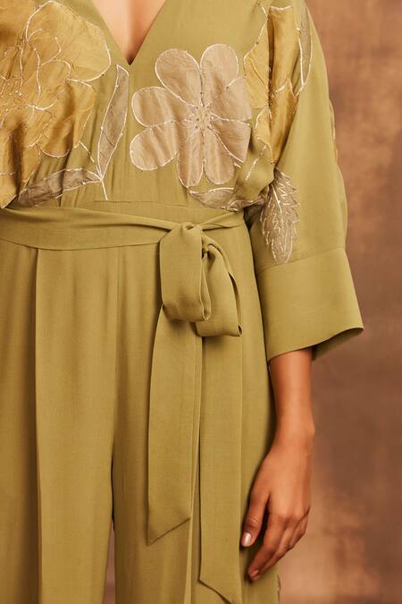 Buy Sue Mue Green Georgette V Neck Embroidered Jumpsuit Online at Aza Fashions Buy_Sue Mue_Green Georgette V Neck Embroidered Jumpsuit _Online_at_Aza_Fashions