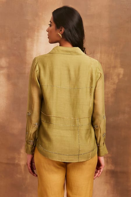 Shop Sue Mue Green Mul Shirt Collar Embroidered at Aza Fashions Shop_Sue Mue_Green Mul Shirt Collar Embroidered _at_Aza_Fashions