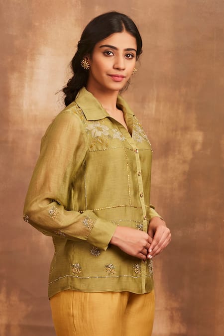 Sue Mue Green Mul Shirt Collar Embroidered Online at Aza Fashions Sue Mue_Green Mul Shirt Collar Embroidered _Online_at_Aza_Fashions