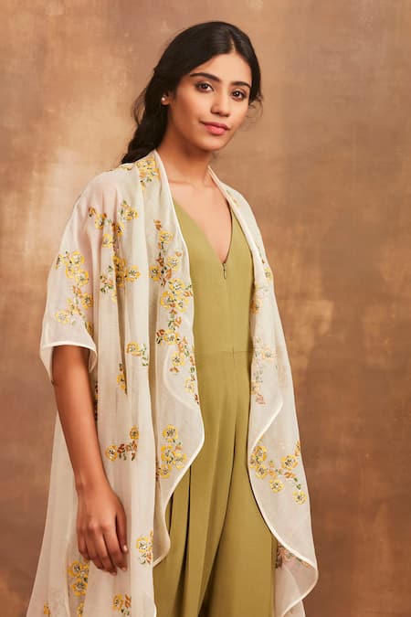 Buy_Sue Mue_White Georgette, Mul V Neck Jumpsuit With Embroidered Jacket _Online_at_Aza_Fashions