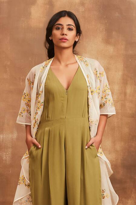 Shop_Sue Mue_White Georgette, Mul V Neck Jumpsuit With Embroidered Jacket _Online_at_Aza_Fashions