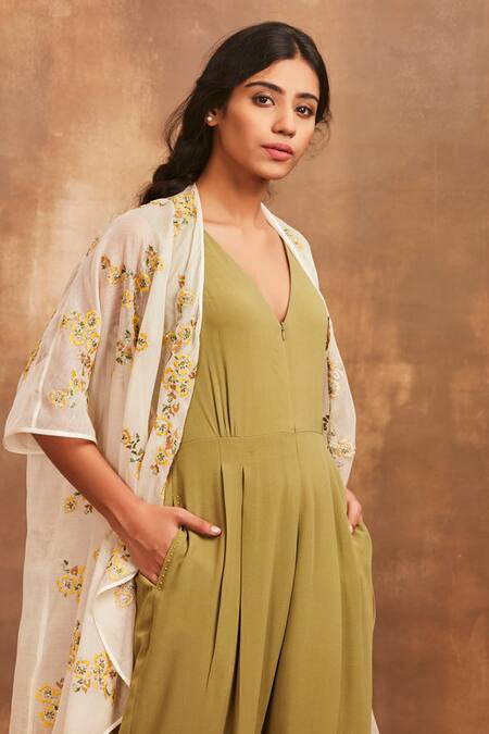 Sue Mue_White Georgette, Mul V Neck Jumpsuit With Embroidered Jacket _at_Aza_Fashions