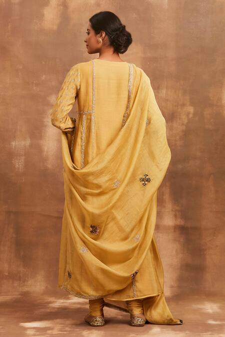 Shop Sue Mue Yellow Crepe, Lycra, Mul Round Embroidered Anarkali Set at Aza Fashions Shop_Sue Mue_Yellow Crepe, Lycra, Mul Round Embroidered Anarkali Set _at_Aza_Fashions