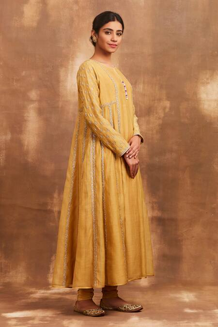 Sue Mue Yellow Crepe, Lycra, Mul Round Embroidered Anarkali Set Online at Aza Fashions Sue Mue_Yellow Crepe, Lycra, Mul Round Embroidered Anarkali Set _Online_at_Aza_Fashions