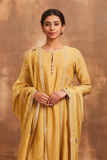 Sue Mue Yellow Crepe, Lycra, Mul Round Embroidered Anarkali Set at Aza Fashions Sue Mue_Yellow Crepe, Lycra, Mul Round Embroidered Anarkali Set _at_Aza_Fashions