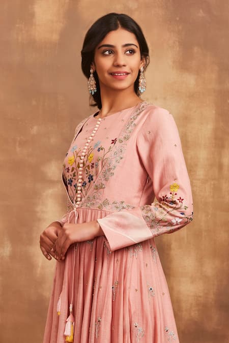 Shop_Sue Mue_Pink Mul Round Embroidered Anarkali Set_Online_at_Aza_Fashions