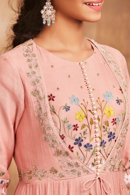 Sue Mue_Pink Mul Round Embroidered Anarkali Set_at_Aza_Fashions