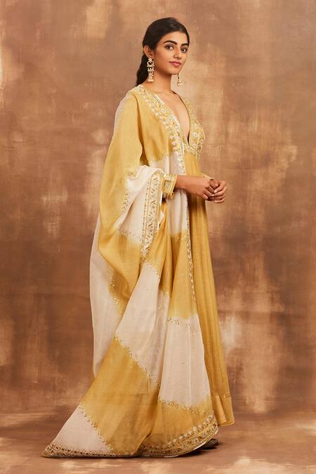 Sue Mue_Yellow Crepe, Lycra, Mul V Neck Embroidered Anarkali Set _Online_at_Aza_Fashions