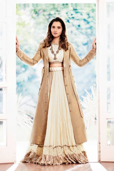 Buy_Aariyana Couture_White Silk, Chiffon Sequins Round Neck Embroidered Lehenga Set_Online_at_Aza_Fashions