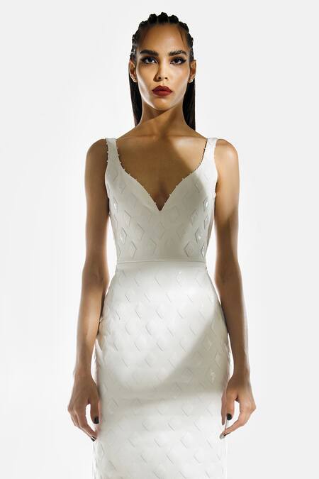Shop_Sameer Madan_White Faux Patent Leather Applique Bodycon Dress  _at_Aza_Fashions