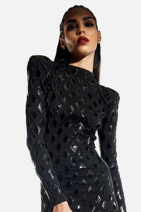 Shop_Sameer Madan_Black Jersey, Faux Patent Leather, Net, Applique Bodycon Dress _at_Aza_Fashions