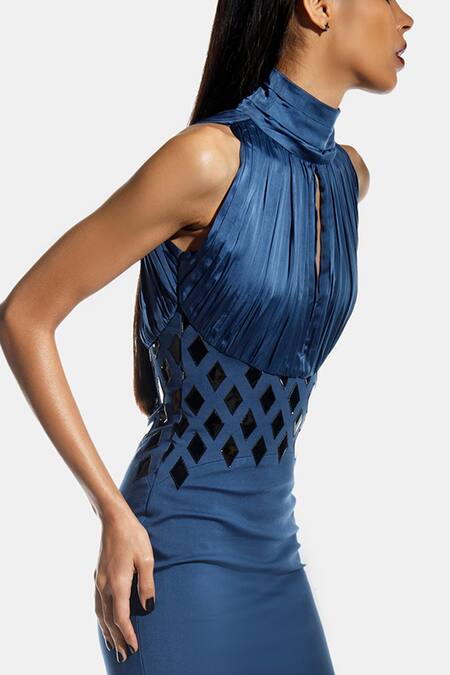 Shop_Sameer Madan_Blue Satin Applique Bodycon Dress  _at_Aza_Fashions