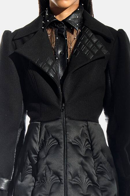 Sameer Madan_Black Felt Textured Floral Motif Dress _Online_at_Aza_Fashions