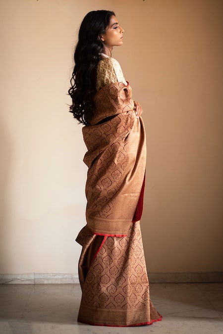 Shop Priyanka Raajiv Maroon Silk Brocade Banarasi Thread Saree at Aza Fashions Shop_Priyanka Raajiv_Maroon Silk Brocade Banarasi Thread Saree _at_Aza_Fashions