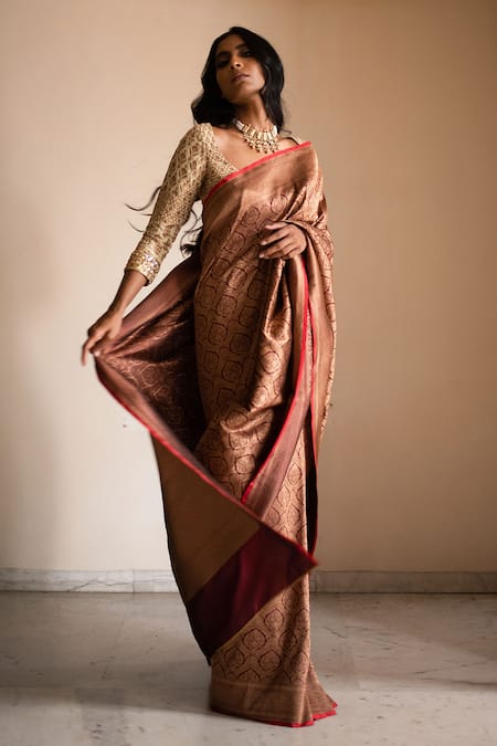 Priyanka Raajiv Maroon Silk Brocade Banarasi Thread Saree Online at Aza Fashions Priyanka Raajiv_Maroon Silk Brocade Banarasi Thread Saree _Online_at_Aza_Fashions