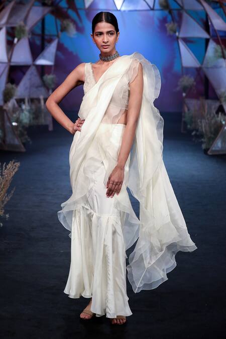 Jade By Monica & Karishma White Pre-draped Silk Ruffle Saree