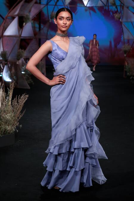 Shop_Jade By Monica & Karishma_Blue Chiffon Pre-draped Ruffle Saree With Blouse_at_Aza_Fashions