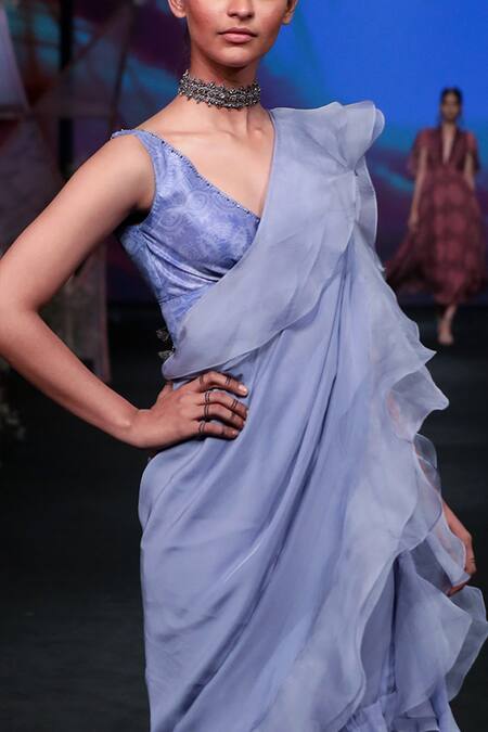 Jade By Monica & Karishma_Blue Chiffon Pre-draped Ruffle Saree With Blouse_Online_at_Aza_Fashions