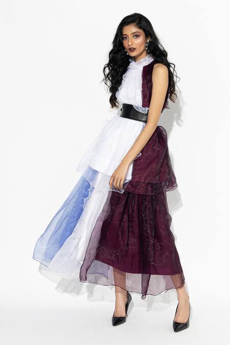 Buy_Sameer Madan_Maroon Organza Ruffle Top_Online_at_Aza_Fashions