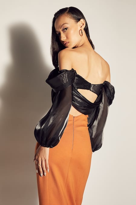 Shop Sameer Madan Orange Organza And Jersey One Shoulder Off Midi Dress at Aza Fashions Shop_Sameer Madan_Orange Organza And Jersey One Shoulder Off Midi Dress _at_Aza_Fashions